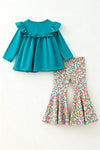 Teal tunic w/ turkey applique and floral bell bottoms. OFG61938 MON