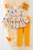 OFG42046 NAYDINE: Pumpkin printed ruffle tunic & mustard leggings.