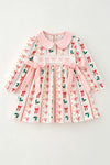 Multi-printed bow- Christmas dress with pink side bows. DRG65202 SOL