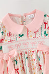 Multi-printed bow- Christmas dress with pink side bows. DRG65202 SOL