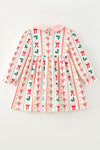 Multi-printed bow- Christmas dress with pink side bows. DRG65202 SOL