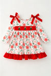 Embroidered Christmas tree printed dress red ruffle hem. DRG65204 SOL
