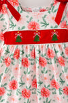Embroidered Christmas tree printed dress red ruffle hem. DRG65204 SOL