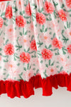 Embroidered Christmas tree printed dress red ruffle hem. DRG65204 SOL