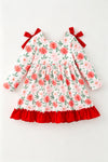 Embroidered Christmas tree printed dress red ruffle hem. DRG65204 SOL