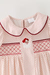 Polka dot dress with embroidered Santa & smocked detail. DRG65154 MON