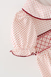 Polka dot dress with embroidered Santa & smocked detail. DRG65154 MON