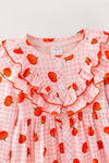Pumpkin printed on pink gingham ruffle dress. DRG64473 SOL