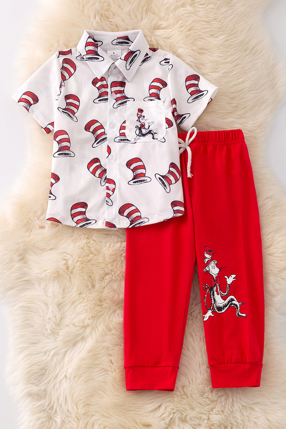 Cat in the ha* printed button up short and red joggers. OFB40279 SOL