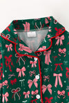 Pink and red bow printed on green pajamas set. PJG60496 SOL