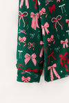 Pink and red bow printed on green pajamas set. PJG60496 SOL