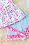 Purple/pink floral tunic with gingham straps and blue shorts. OFG53421 SOL