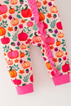 Multi color pumpkin printed baby romper with fuchsia contrast. RPG64312 Mon