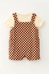 Ivory & brown checkered jumpsuit with applique and t-shirt included. . RPB60670 AMY