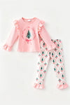 Christmas tree printed on a pink top and bottoms. OFG63044 AMY