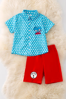  Thing 1 & 2 polka dot button up shirt and red shorts. OFB40278 AMY