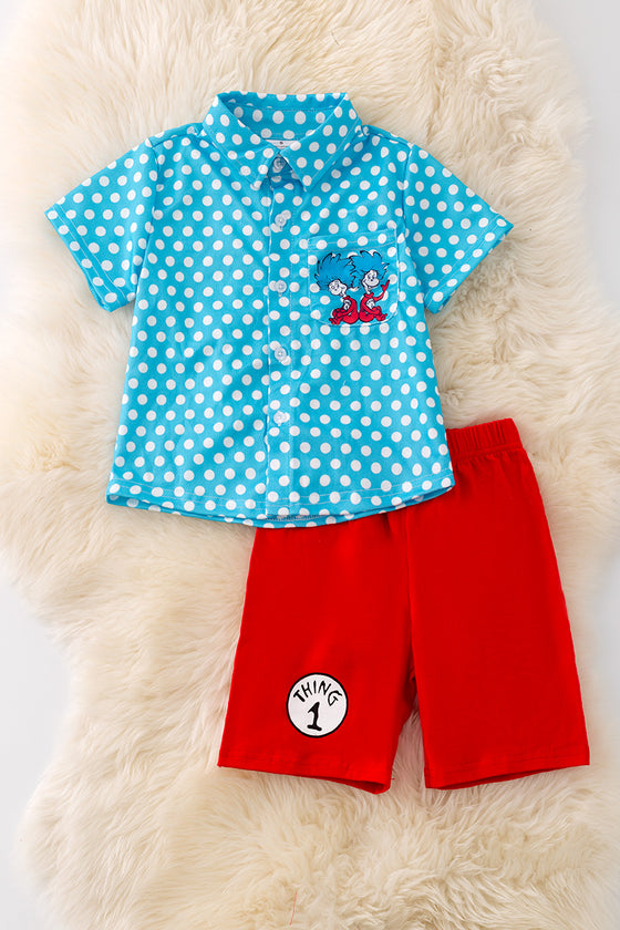 Thing 1 & 2 polka dot button up shirt and red shorts. OFB40278 AMY