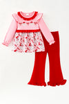 Pink & red ruffle trim santa printed tunic and red bottoms. OFG63023 SOL