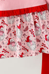 Pink & red ruffle trim santa printed tunic and red bottoms. OFG63023 SOL