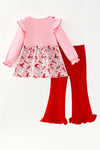 Pink & red ruffle trim santa printed tunic and red bottoms. OFG63023 SOL