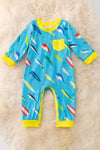 Turquoise fishing printed onesie with snaps. RPB40567 SOL