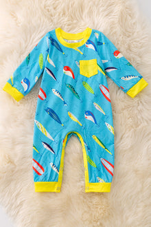  Turquoise fishing printed onesie with snaps. RPB40567 NAY