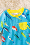 Turquoise fishing printed onesie with snaps. RPB40567 NAY