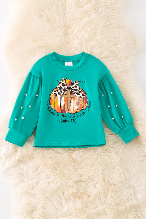 Psalm136:1 Give thanks to the Lord" Teal long sleeve top. TPG50760 SOL