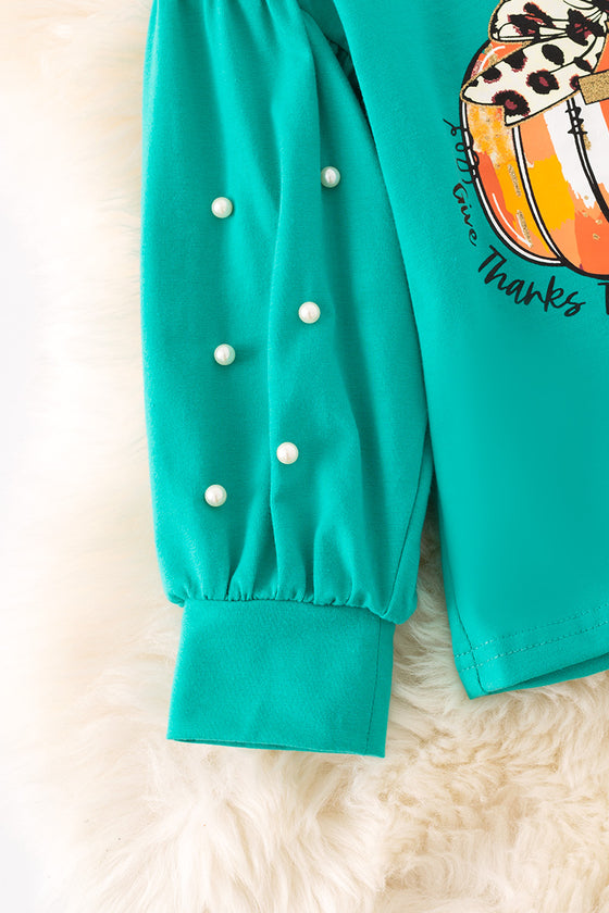 Psalm136:1 Give thanks to the Lord" Teal long sleeve top. TPG50760 SOL