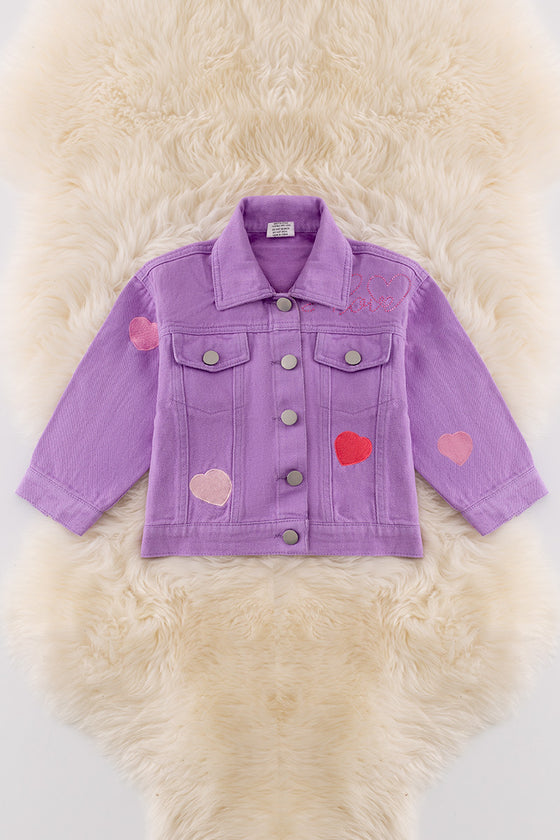 Purple Embroidered heart denim jacket with shimmery stones. TPG50009 AMY