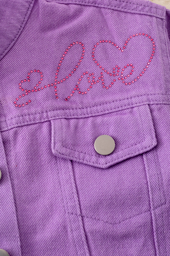 Purple Embroidered heart denim jacket with shimmery stones. TPG50009 AMY