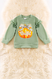  Thankful pumpkin printed on green long sleeve top. TPG50759 Jean