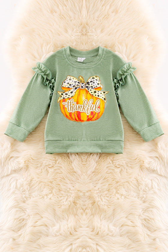 Thankful pumpkin printed on green long sleeve top. TPG50759 Jean