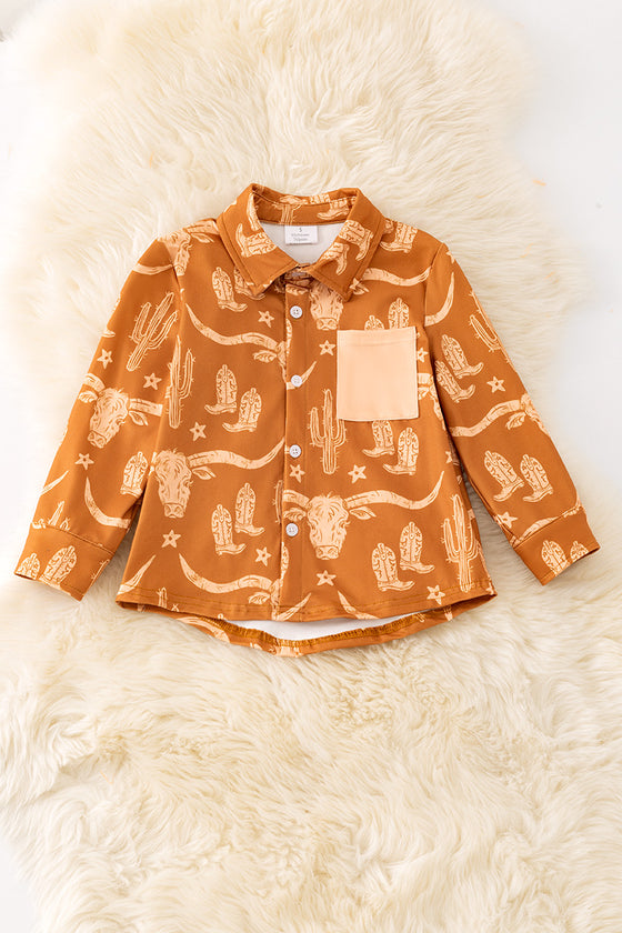Brown longhorn cow printed boys button up shirt. (WESTERN TPB50688 JEAN