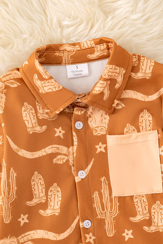 Brown longhorn cow printed boys button up shirt. (WESTERN TPB50688 JEAN
