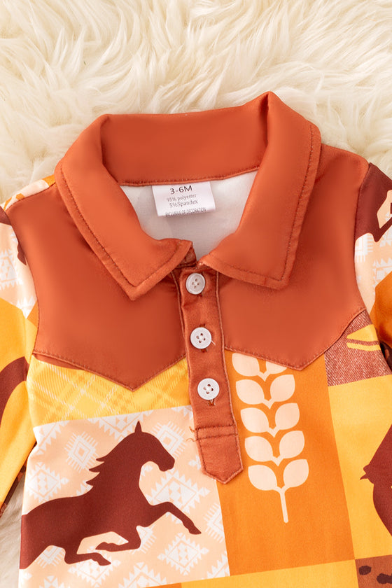 Horse western printed boys baby onesie with snaps. RPB50757 AMY