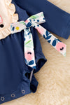Navy blue cow applique baby onesie with snaps. RPG52434 SOL