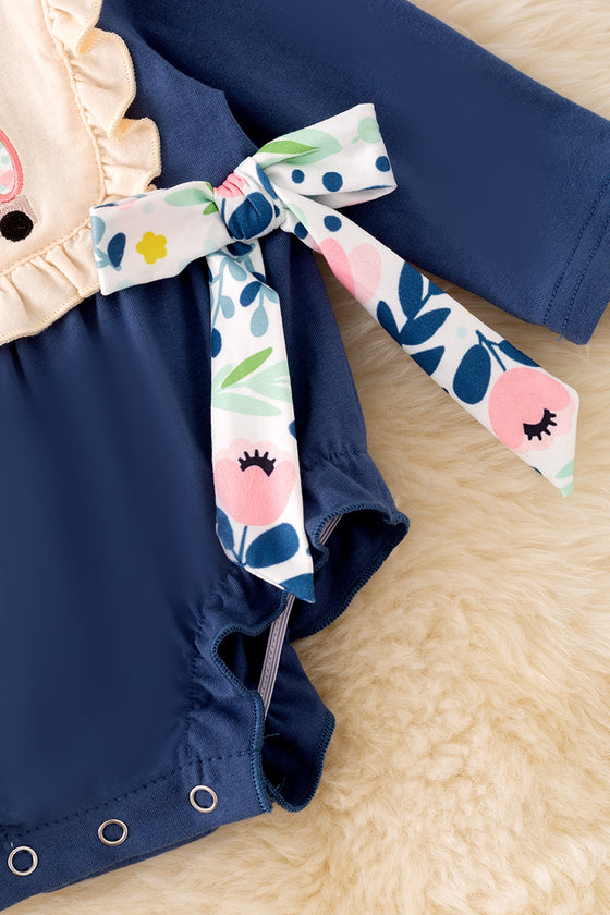 Navy blue cow applique baby onesie with snaps. RPG52434 SOL