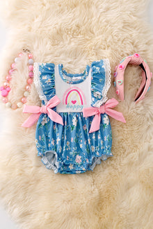  "Happy" Floral printed baby romper with side bows. RPG50152 AMY