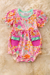 🎍Bamboo made Fuchsia & orange floral printed baby romper with side pockets. RPG50148 SOL