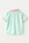 Mint and pink gingham button up boys shirt. TPB60617 SOL
