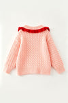 Pink Santa cable knit sweater with red trim & front pockets. TPG60739 AMY