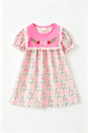 Pink pumpkin printed girls fall dress with embroidered detail. DRG64532 AMY