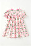 Pink pumpkin printed girls fall dress with embroidered detail. DRG64532 AMY