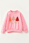 Pink "Merry Christmas printer sweatshirt with clipped pearls on sleeves. TPG60701 AMY