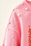 Pink "Merry Christmas printer sweatshirt with clipped pearls on sleeves. TPG60701 AMY