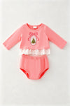 Coral Christmas tree embroidered baby tunic and bloomers. RPG65139 SOL