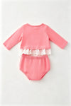 Coral Christmas tree embroidered baby tunic and bloomers. RPG65139 SOL