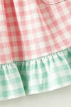 Pink & mint gingham dress with ruffle hem and side bows. DRG64502 MON