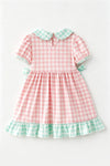 Pink & mint gingham dress with ruffle hem and side bows. DRG64502 MON